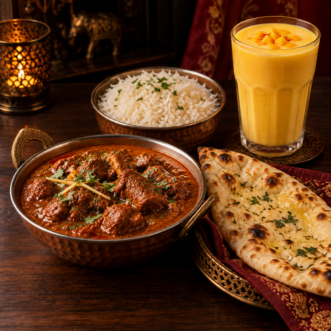 Lamb Curry + Reis + Naan + Mango Lassi
